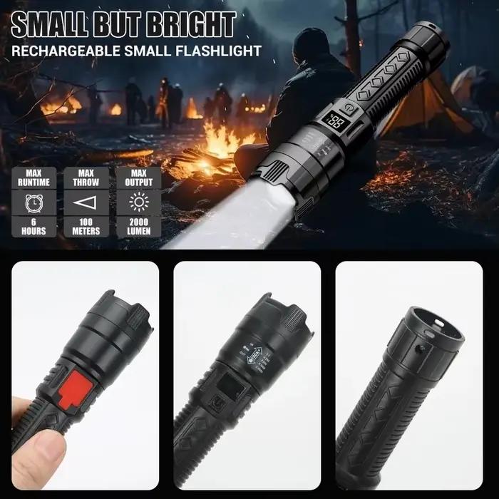 Lampes de poche Led haute puissance forte, torche tactique 2000LM avec affichage, chargeur USB, lanterne Zoom d'urgence pour Camping et pêche