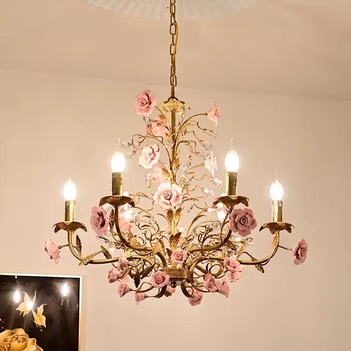 Lampe à suspension de campagne vintage française-lampe à bougie de salle à manger de fleur de rose-lampe de chambre d'enfant de pays américain