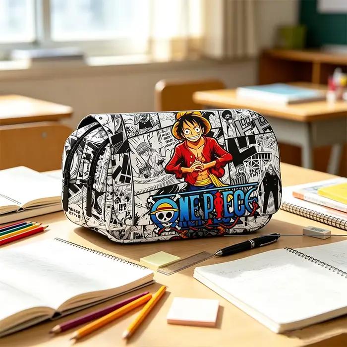 Trousse à crayons double couche grande capacité avec impression Luffy One Piece, boîte à papeterie pour étudiants, sac à crayons pour fournitures scolaires