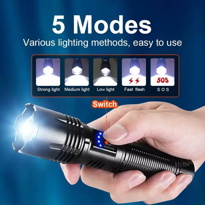Lampe de poche Ultra puissante 1200W, lumière forte, Rechargeable, lanterne tactique, longue portée, Camping, randonnée, torche haute puissance
