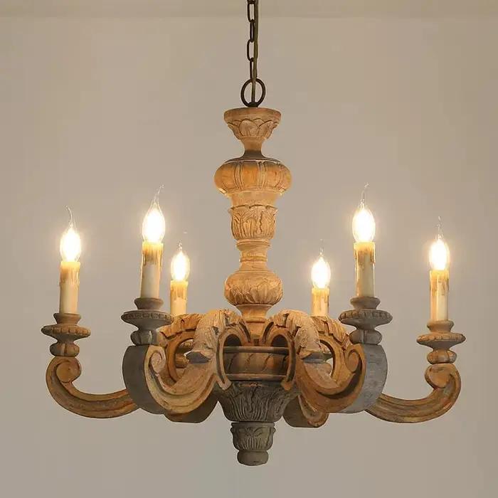 Lustre rétro en bois, lampe suspendue de style européen vintage pour salon