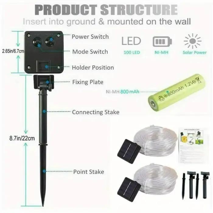 Guirlande lumineuse solaire LED pour jardin, lampe tubulaire étanche, guirlande de Noël, lumières féériques pour décoration extérieure de maison et de vacances