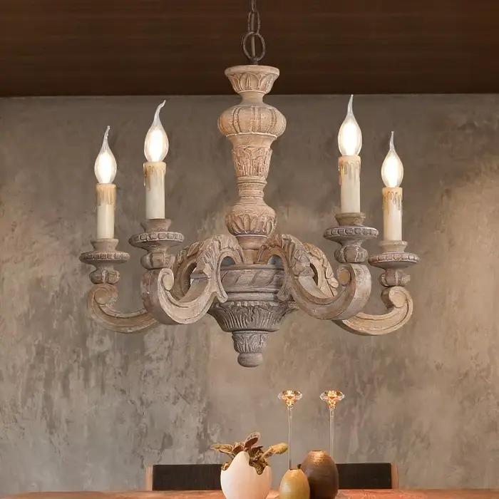 Lustre rétro en bois, lampe suspendue de style européen vintage pour salon