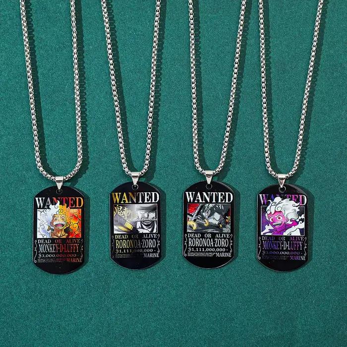 Collier One Piece Luffy avec affiche de recherche de 3 milliards de pièces, pendentif en acier inoxydable imprimé coloré, bijou unisexe, cadeau de vacances