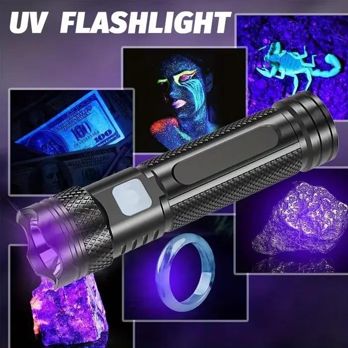 Lampe de poche UV USB Rechargeable 365nm lumière noire Mini lampe de poche Portable puissante LED lumières ultraviolettes torche